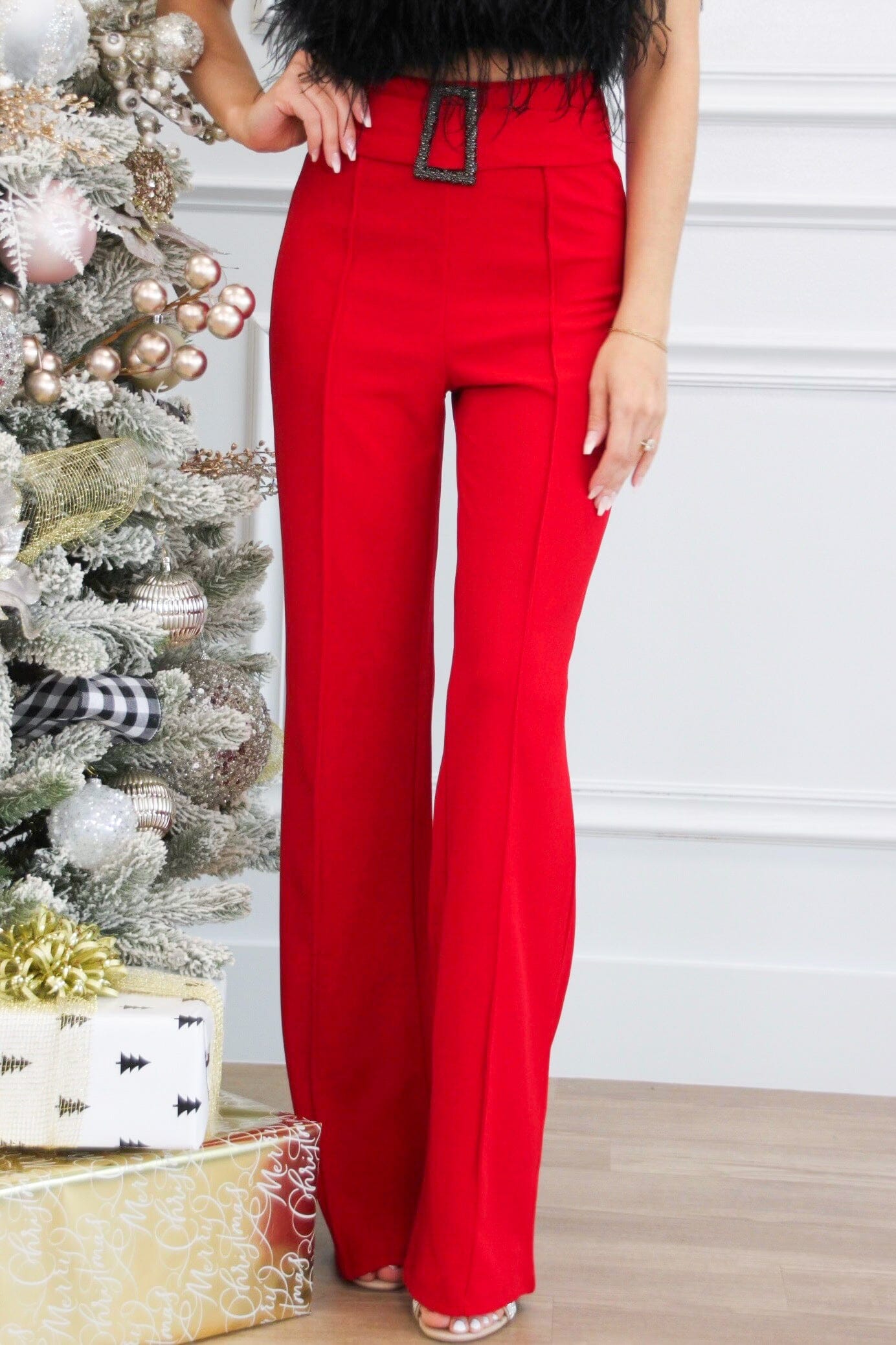 Jovie Belted High Waisted Black Buckle Pants: Red - Bella and Bloom Boutique