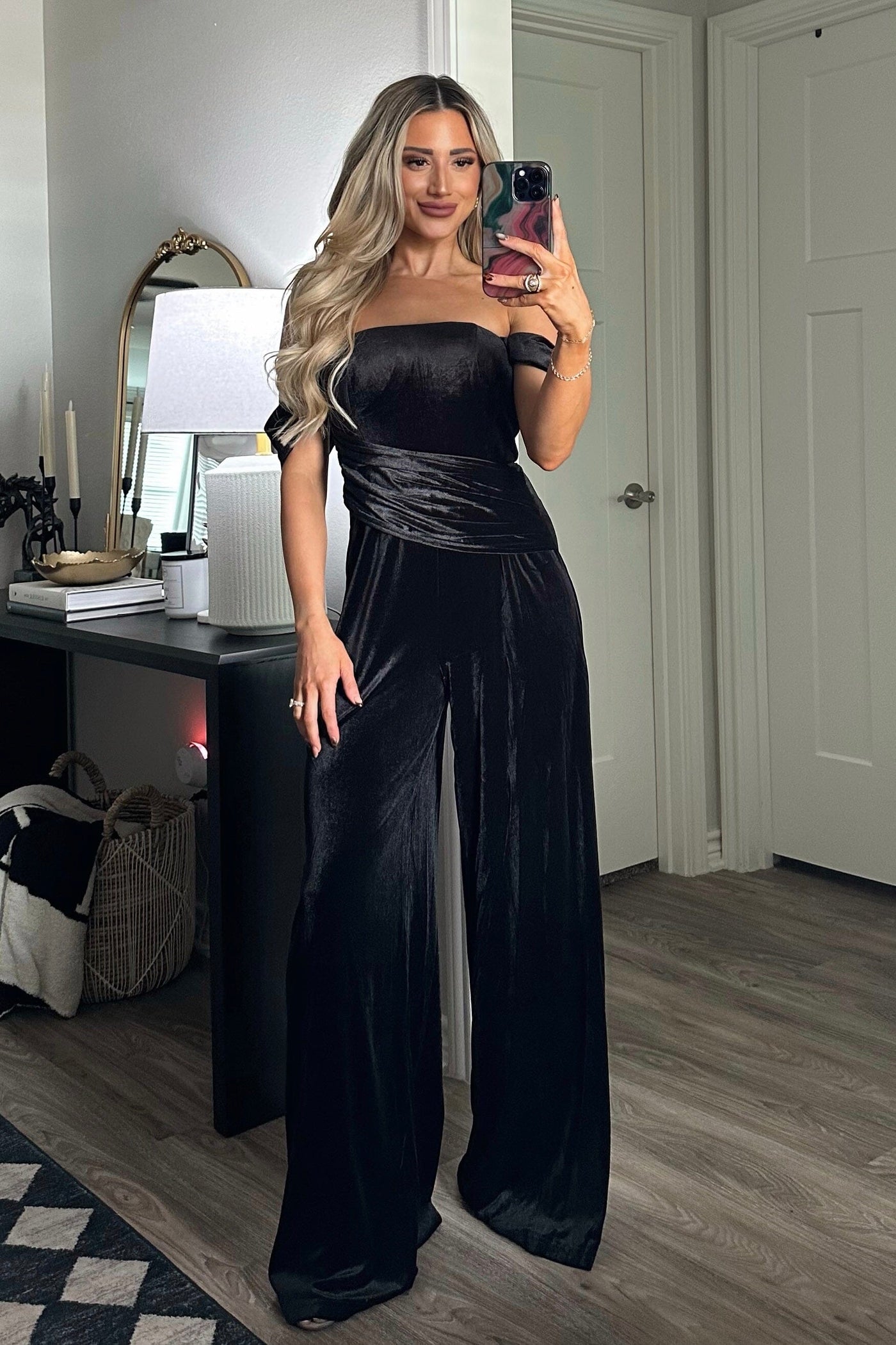 Tara Off Shoulder Velvet Jumpsuit: Black - Bella and Bloom Boutique