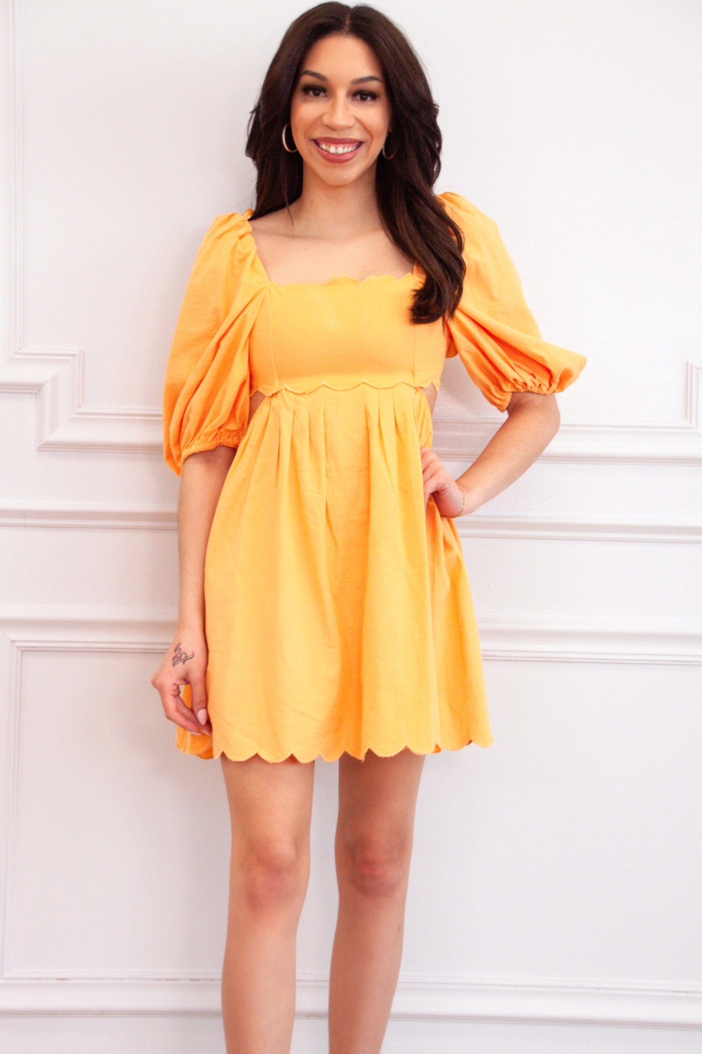 Sweet Scallops Cutout Babydoll Dress: Orange Sweet Scallops Cutout Babydoll Dress: Orange
