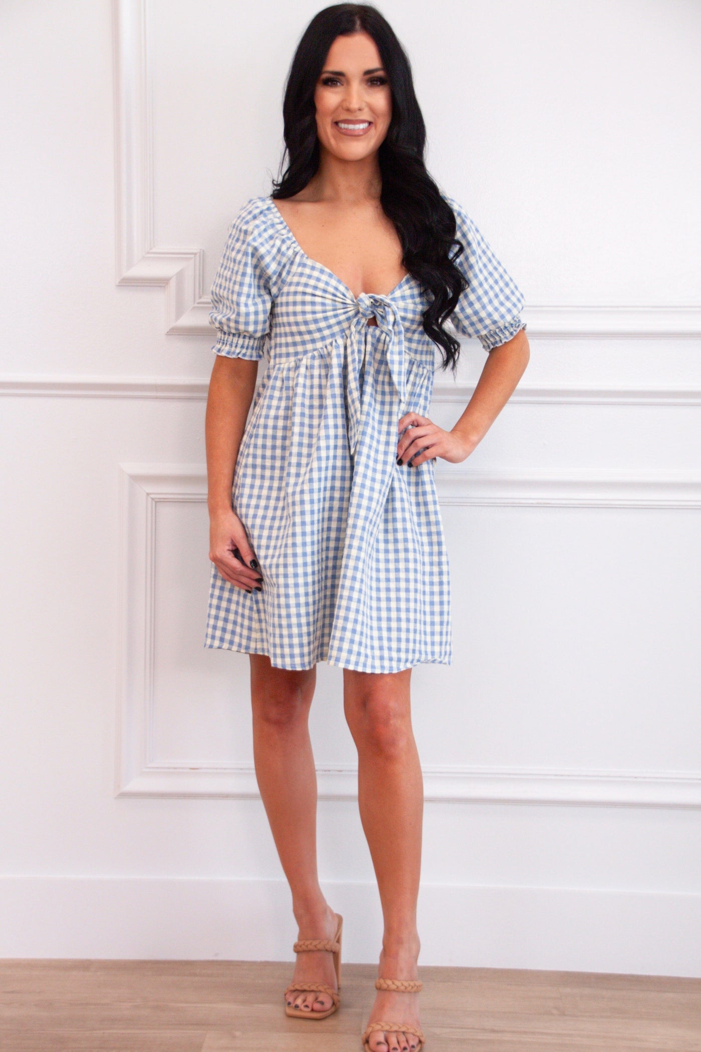 Bella and Bloom Boutique - Fresh Cut Gingham Babydoll Dress: Blue Bella and Bloom Boutique - Fresh Cut Gingham Babydoll Dress: Blue