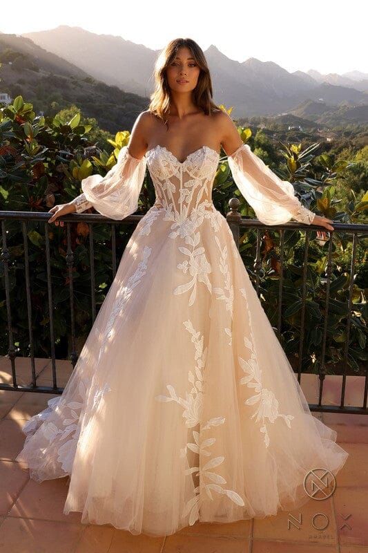 long sleeve floral wedding dress Romantic Ivory Lace Flower Appliques Diamond White / 16 16 Occasion Floral Wedding Dress with Long