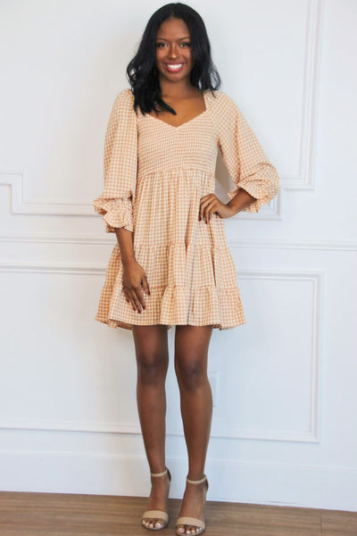 Zinnia Gingham Smocked Babydoll Dress: Apricot - Bella and Bloom Boutique