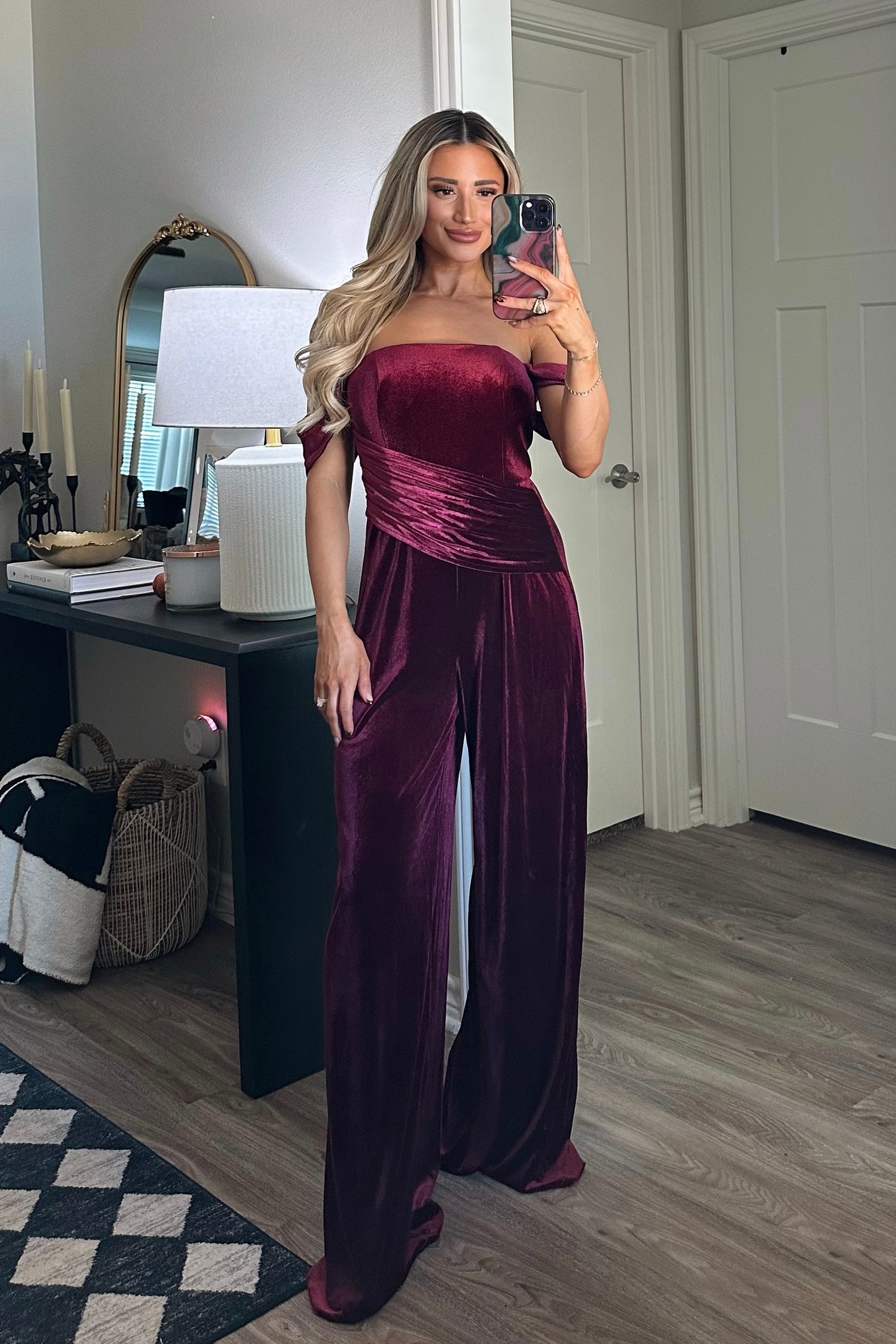 Tara Off Shoulder Velvet Jumpsuit: Burgundy