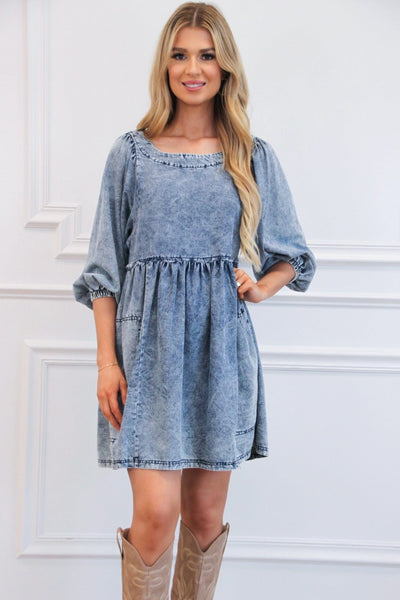 Cheyenne Babydoll Denim Dress: Blue - Bella and Bloom Boutique