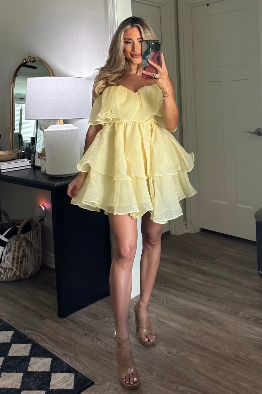 Constance Organza Tiered Ruffle Dress: Yellow - Bella and Bloom Boutique
