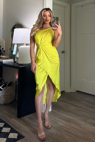 Charming Dedications Satin One Shoulder Midi Dress: Neon Yellow - Bella and Bloom Boutique