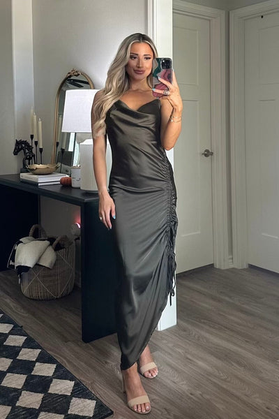 Event of the Season Satin Ruched Midi Dress: Olive - Bella and Bloom Boutique