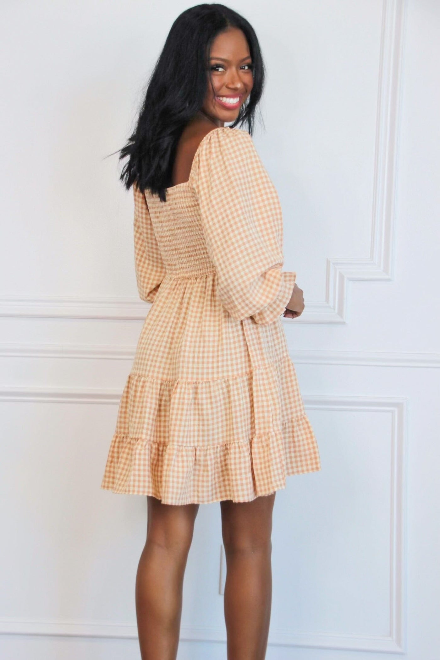 Zinnia Gingham Smocked Babydoll Dress: Apricot - Bella and Bloom Boutique