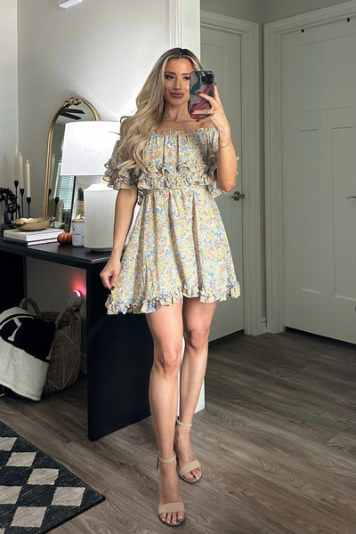 Annie Floral Ruffle Off Shoulder Dress: Yellow/Blue/Green Multi - Bella and Bloom Boutique