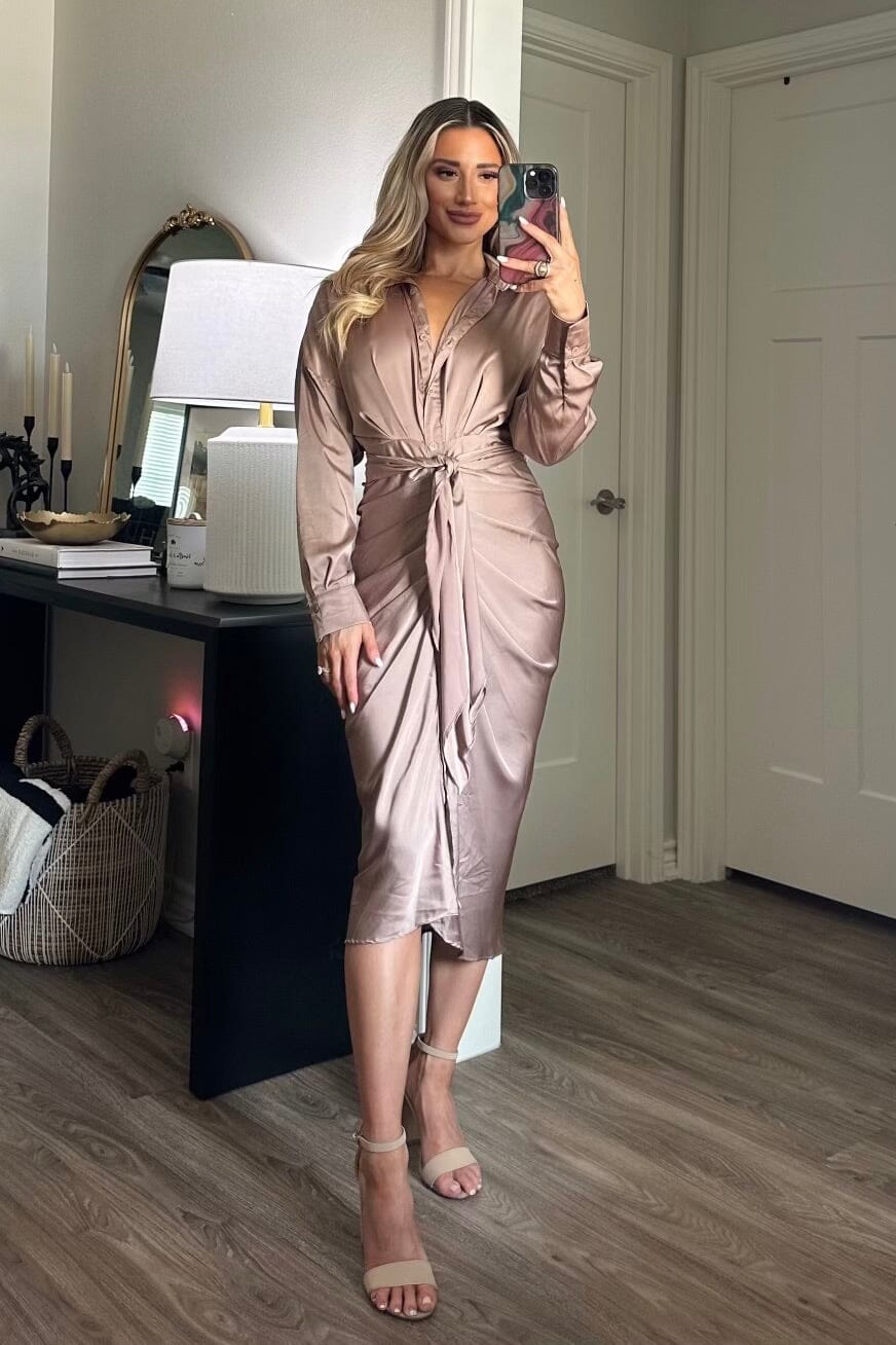 Back to Business Satin Midi Dress: Mocha - Bella and Bloom Boutique