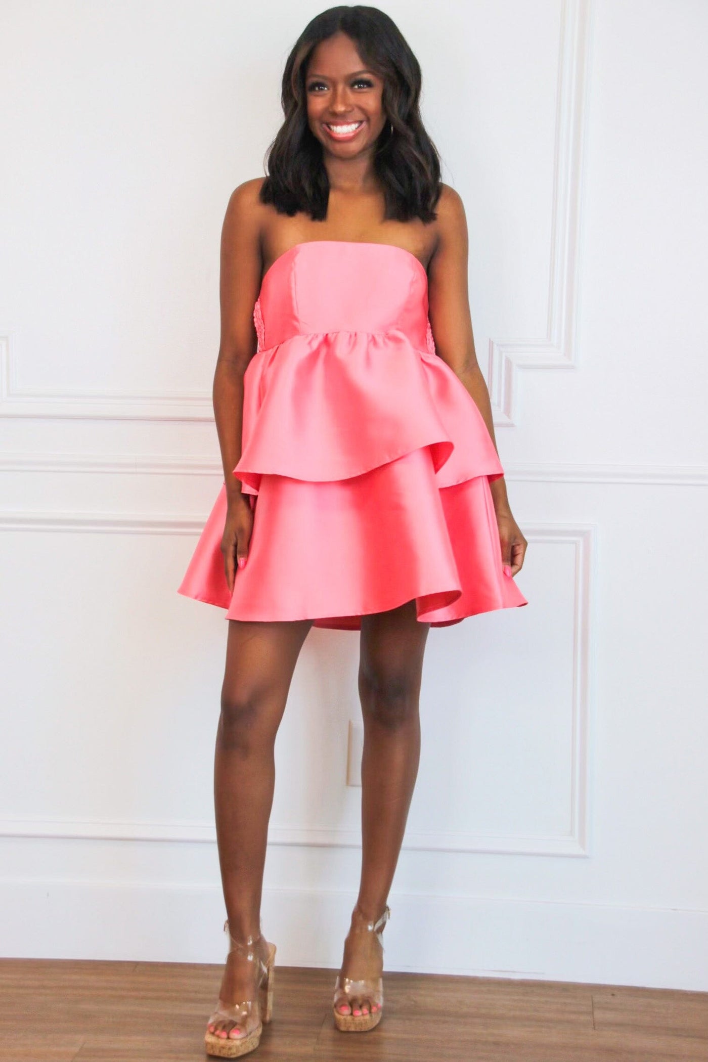 Hallie Rae Strapless Tiered Dress: Bright Rose Pink - Bella and Bloom Boutique