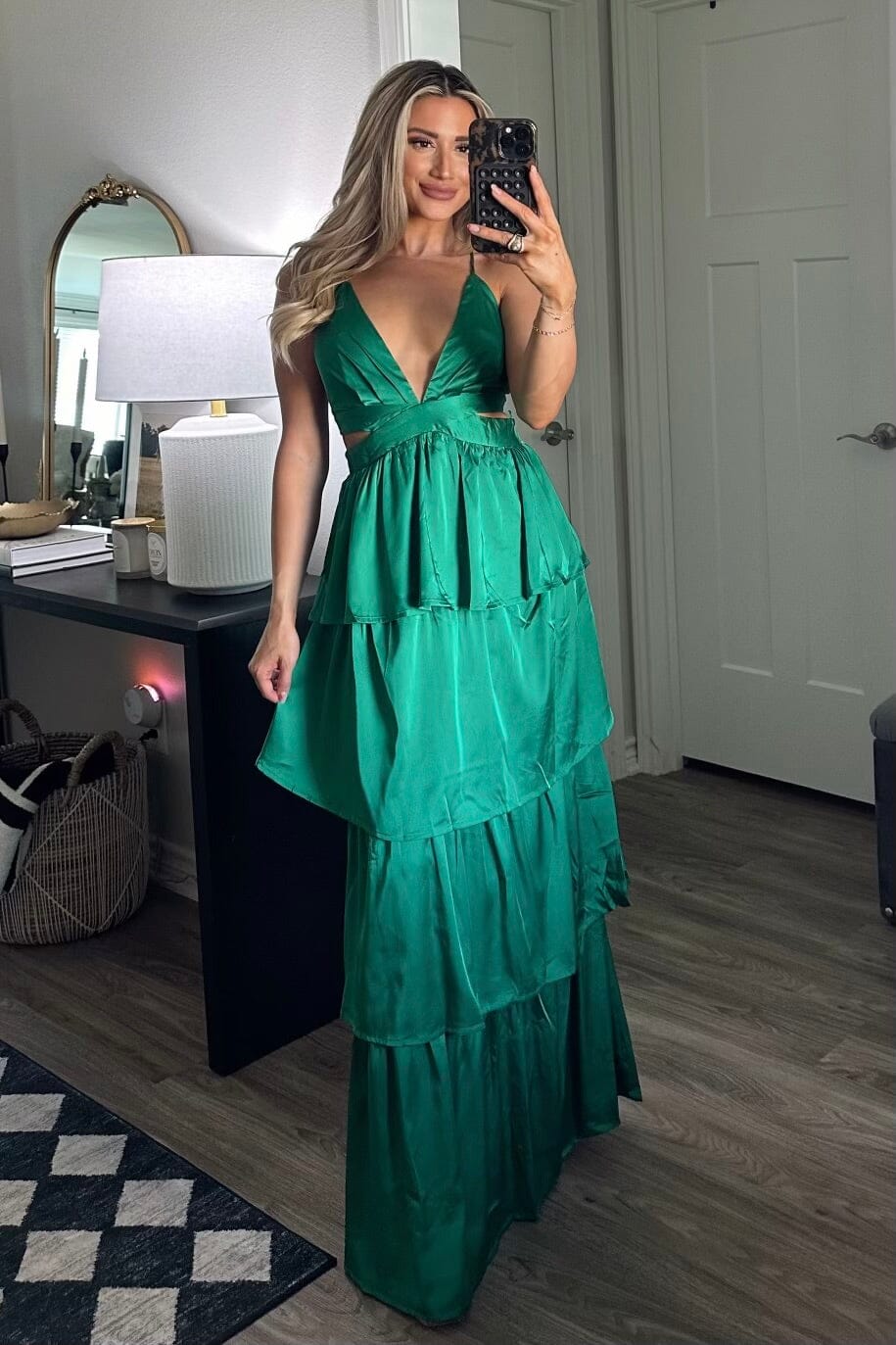 Florence Tiered Satin Maxi Dress: Green - Bella and Bloom Boutique