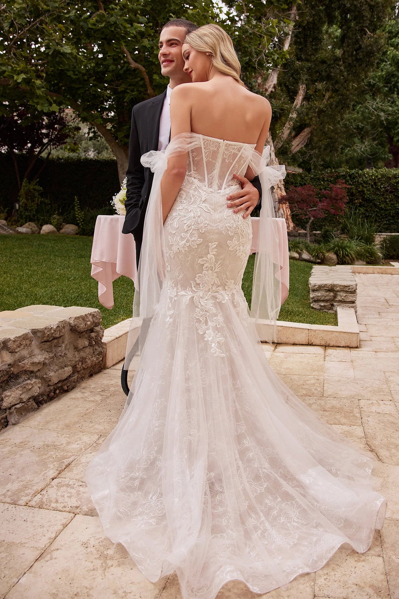 Naomi Off Shoulder Bow Lace Bustier Mermaid Wedding Dress: Off White - Bella and Bloom Boutique