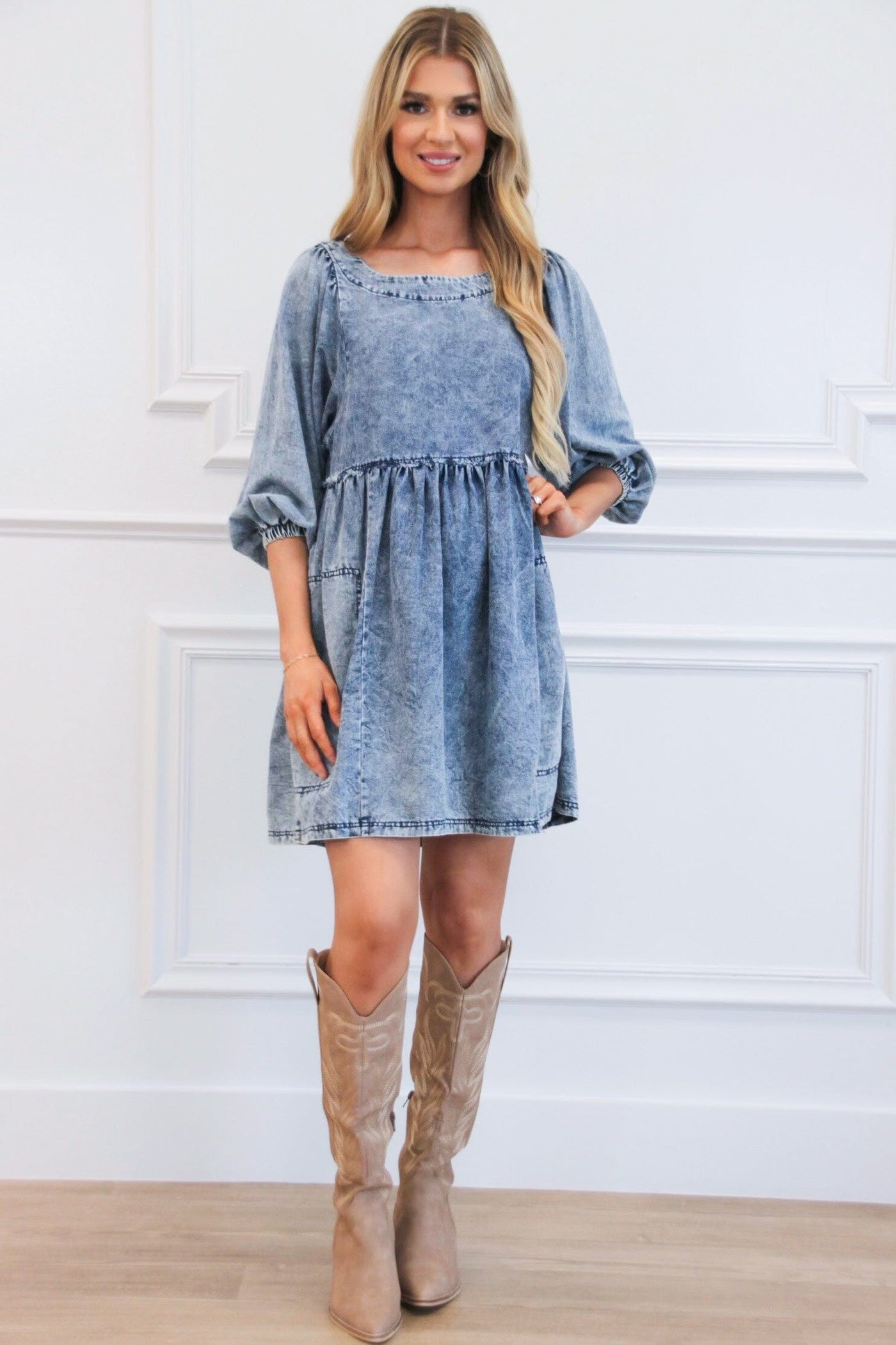 Cheyenne Babydoll Denim Dress: Blue - Bella and Bloom Boutique