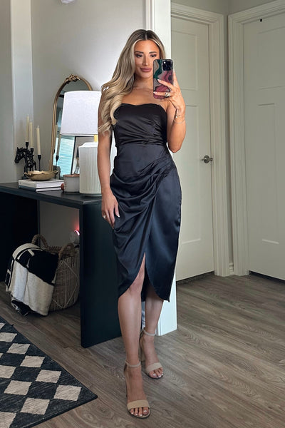 Delia Strapless Satin Dress: Black - Bella and Bloom Boutique