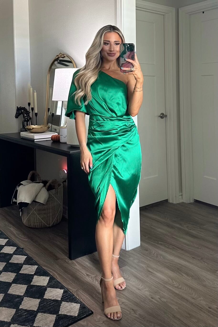 Back to You One Shoulder Midi Dress: Green - Bella and Bloom Boutique