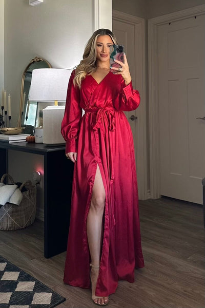 Jordana Long Sleeve Satin Maxi Dress: Burgundy - Bella and Bloom Boutique