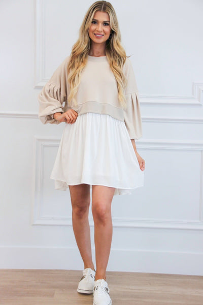 Baylor Layered Dress: Taupe/White - Bella and Bloom Boutique