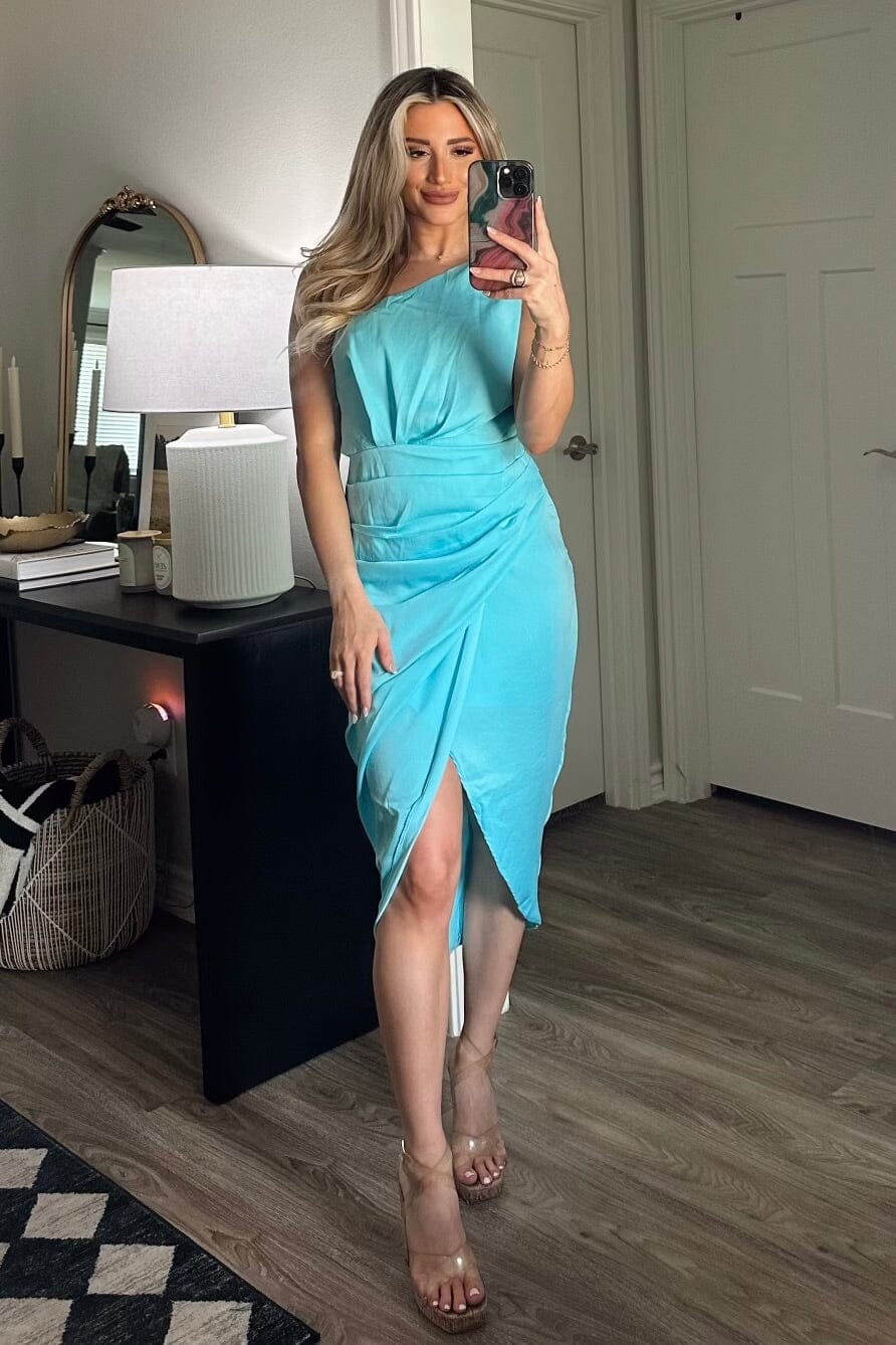 Happy With You One Shoulder Satin Midi Dress: Bright Blue - Bella and Bloom Boutique