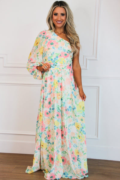 Watercolor Crush Floral One Shoulder Maxi Dress: Ivory Multi - Bella and Bloom Boutique