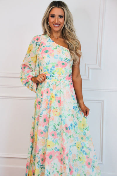 Watercolor Crush Floral One Shoulder Maxi Dress: Ivory Multi - Bella and Bloom Boutique