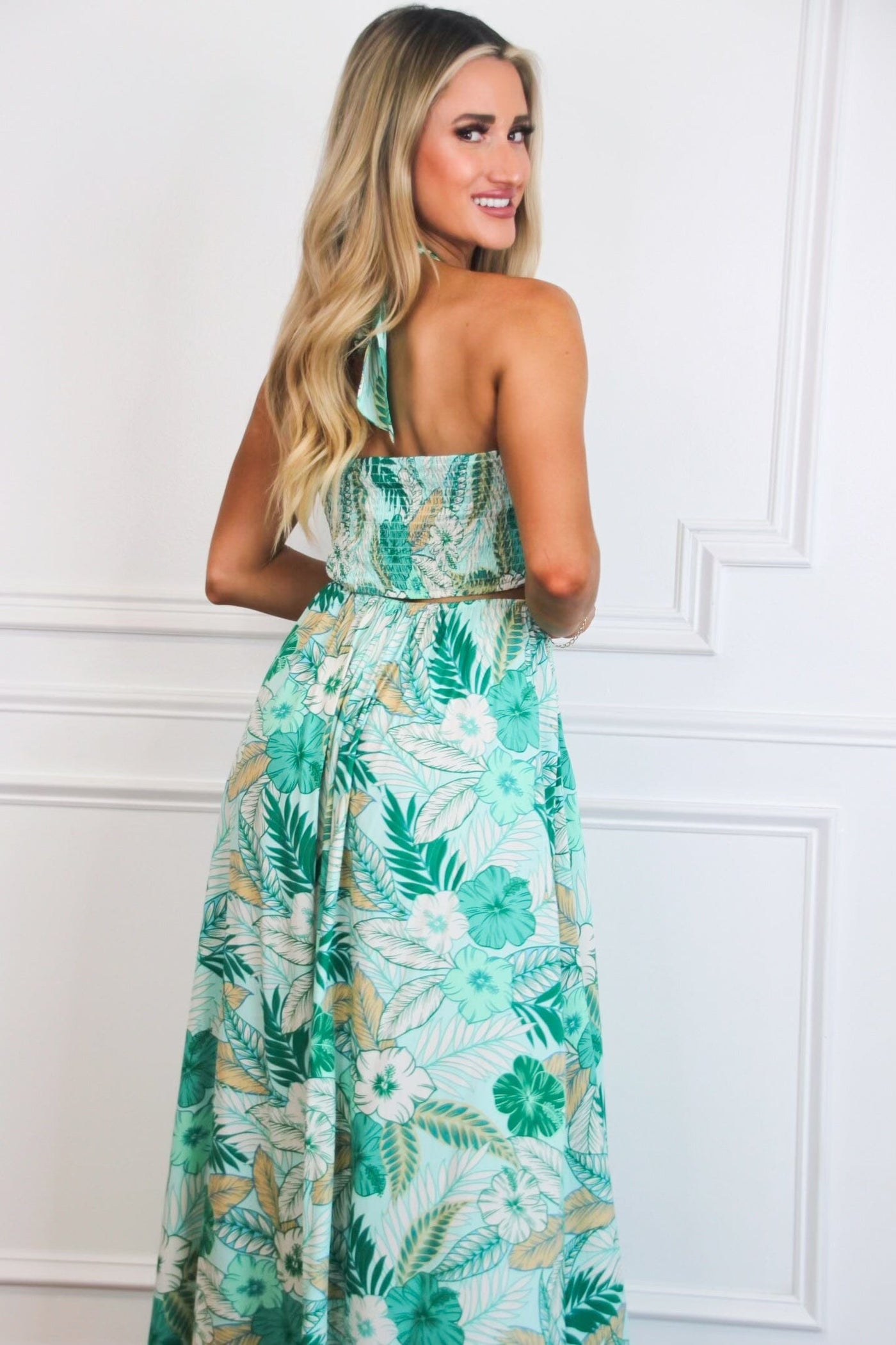 On Vacay Time Halter Cutout Floral Maxi Dress: Light Blue/Green - Bella and Bloom Boutique