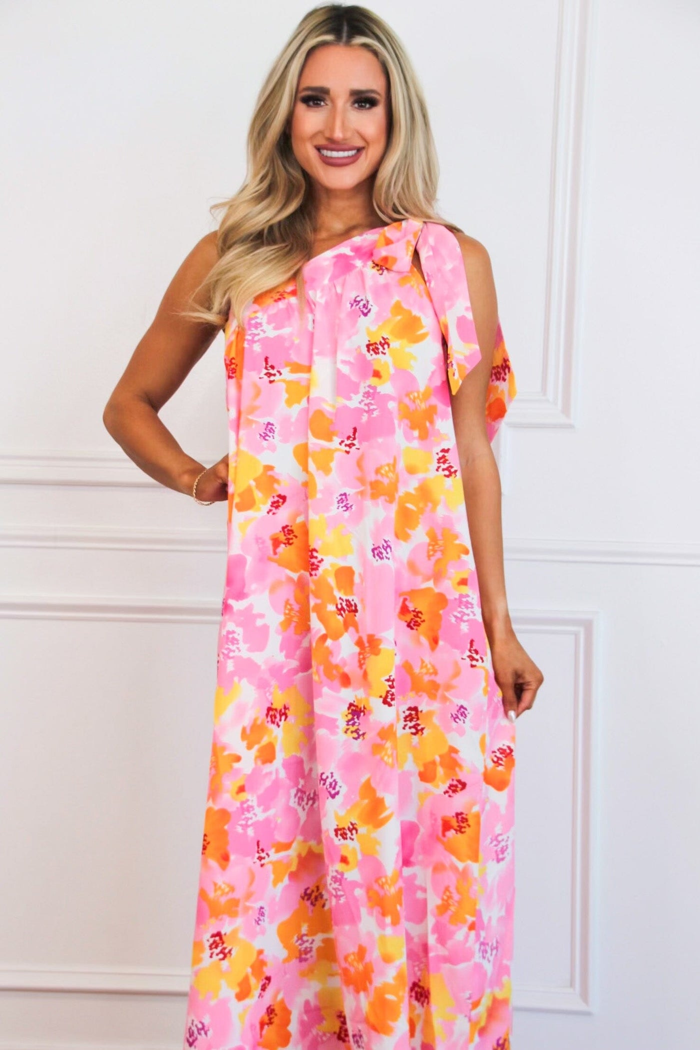 Lesia Floral One Shoulder Maxi Dress: Pink/Yellow/Orange Multi - Bella and Bloom Boutique