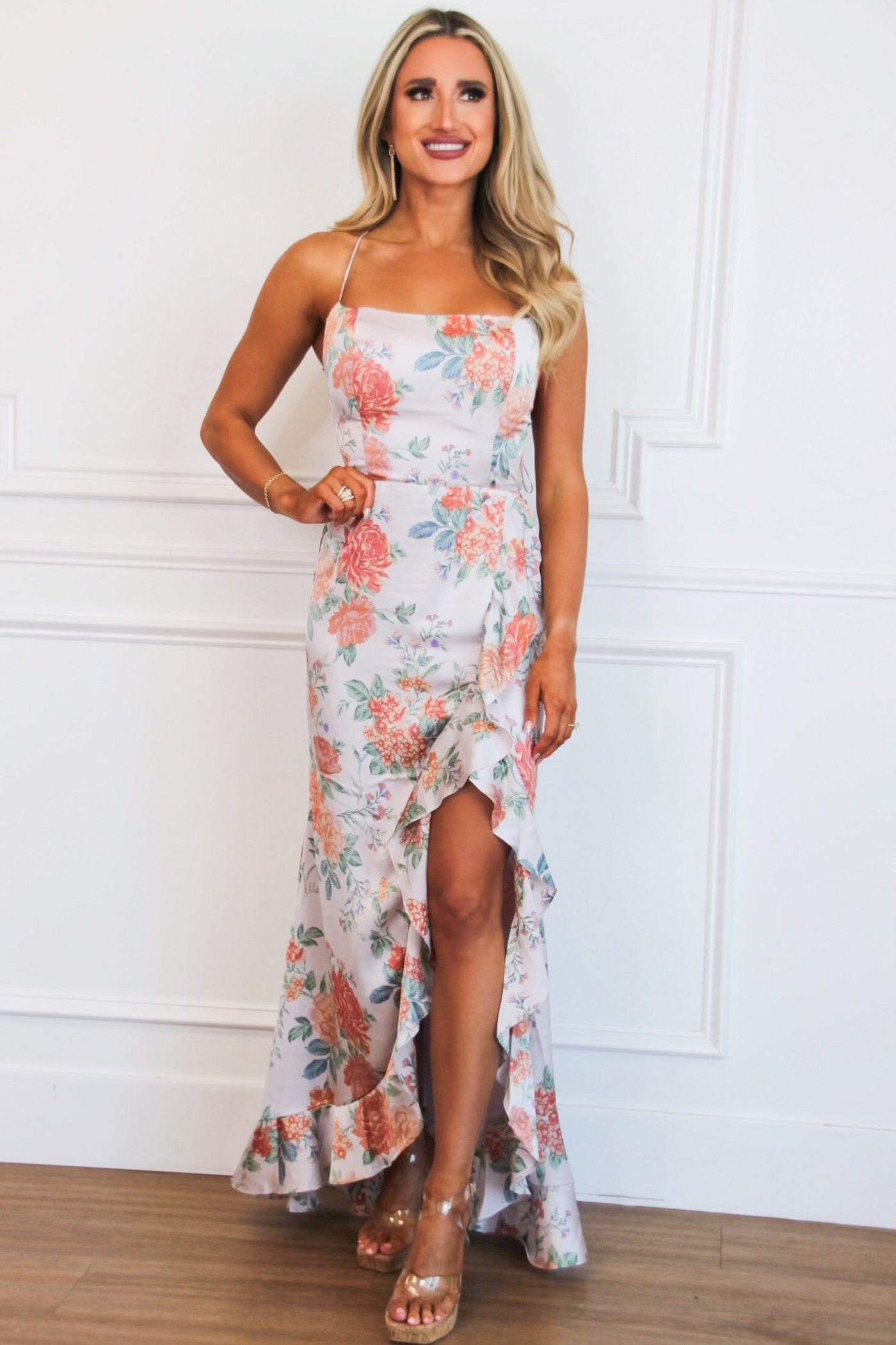 Dreamy Florals Open Back Ruffle Maxi Dress: Dusty Lavender - Bella and Bloom Boutique