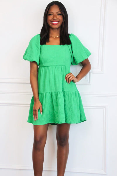 Easy Come, Easy Go Bow Back Babydoll Dress: Kelly Green - Bella and Bloom Boutique