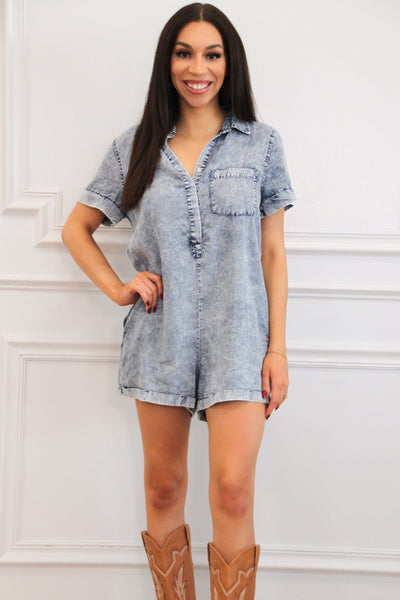 Every Day Casual Washed Denim Romper: Medium Wash - Bella and Bloom Boutique