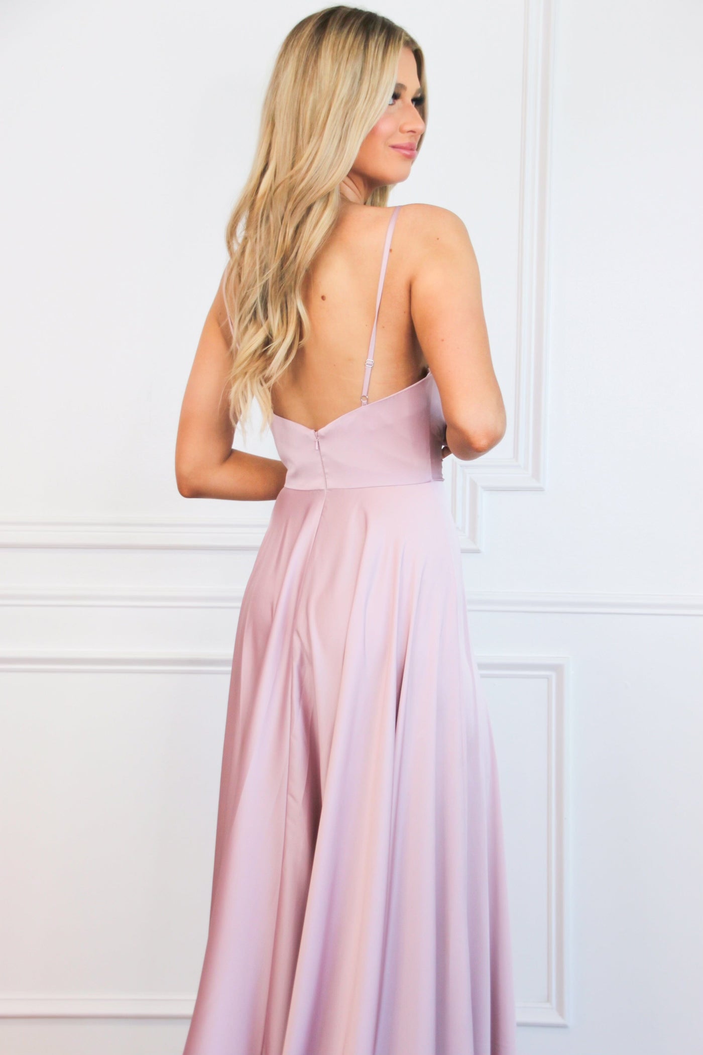 Ella Satin Slit Formal Dress: Mauve - Bella and Bloom Boutique