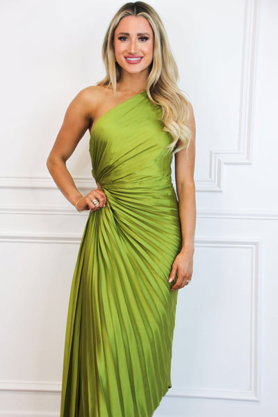 Novelle One Shoulder Pleated Asymmetrical Maxi Dress: Moss Olive Green - Bella and Bloom Boutique