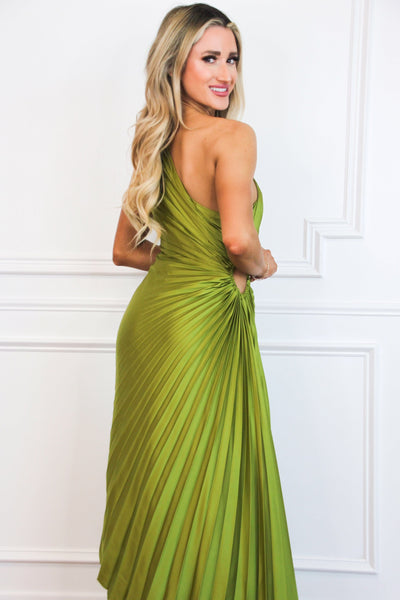 Novelle One Shoulder Pleated Asymmetrical Maxi Dress: Moss Olive Green - Bella and Bloom Boutique