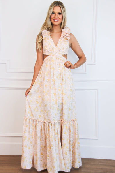 Floral Fantasy Ruffle Cutout Maxi Dress: Light Pink - Bella and Bloom Boutique