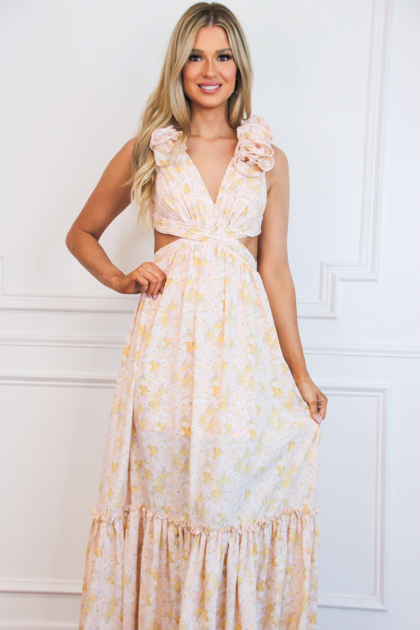 Floral Fantasy Ruffle Cutout Maxi Dress: Light Pink - Bella and Bloom Boutique