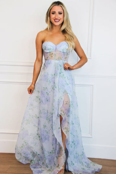 Virginia Floral Bustier Maxi Dress: Dusty Blue Multi - Bella and Bloom Boutique