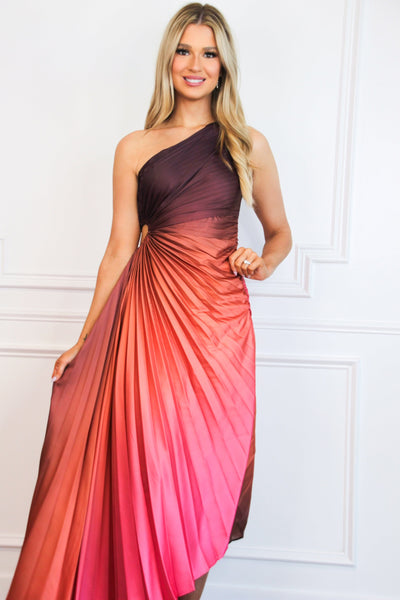 St Tropez Ombre Pleated One Shoulder Maxi Dress: Coral/Rust Multi - Bella and Bloom Boutique