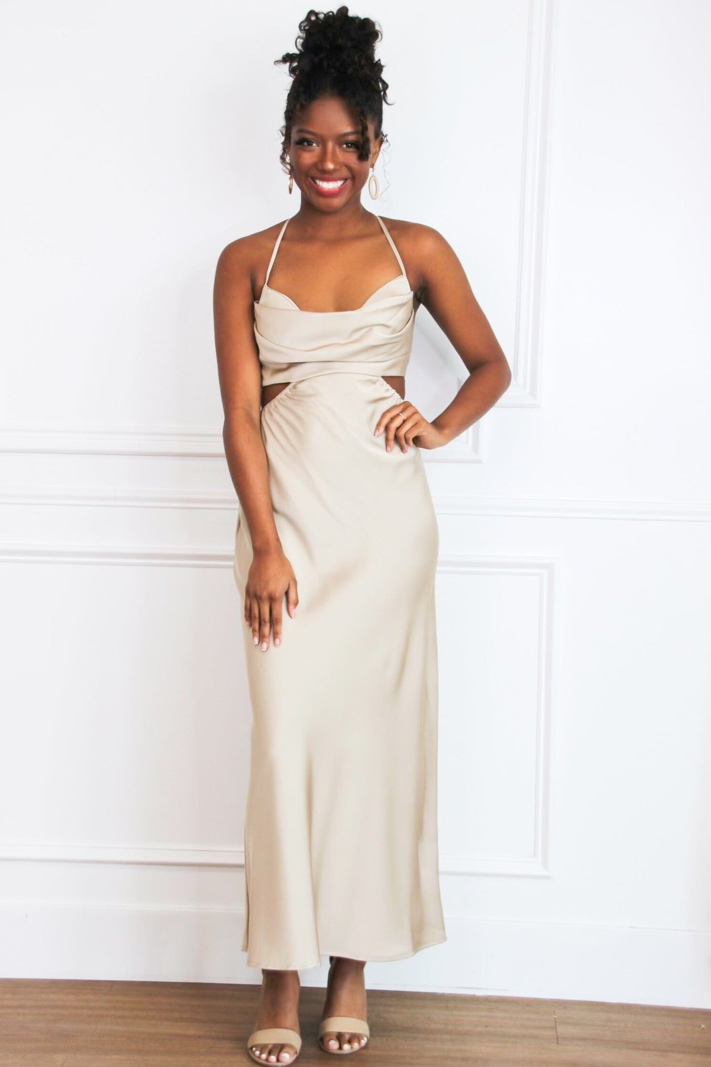 In My Moment Open Back Midi Dress: Champagne - Bella and Bloom Boutique