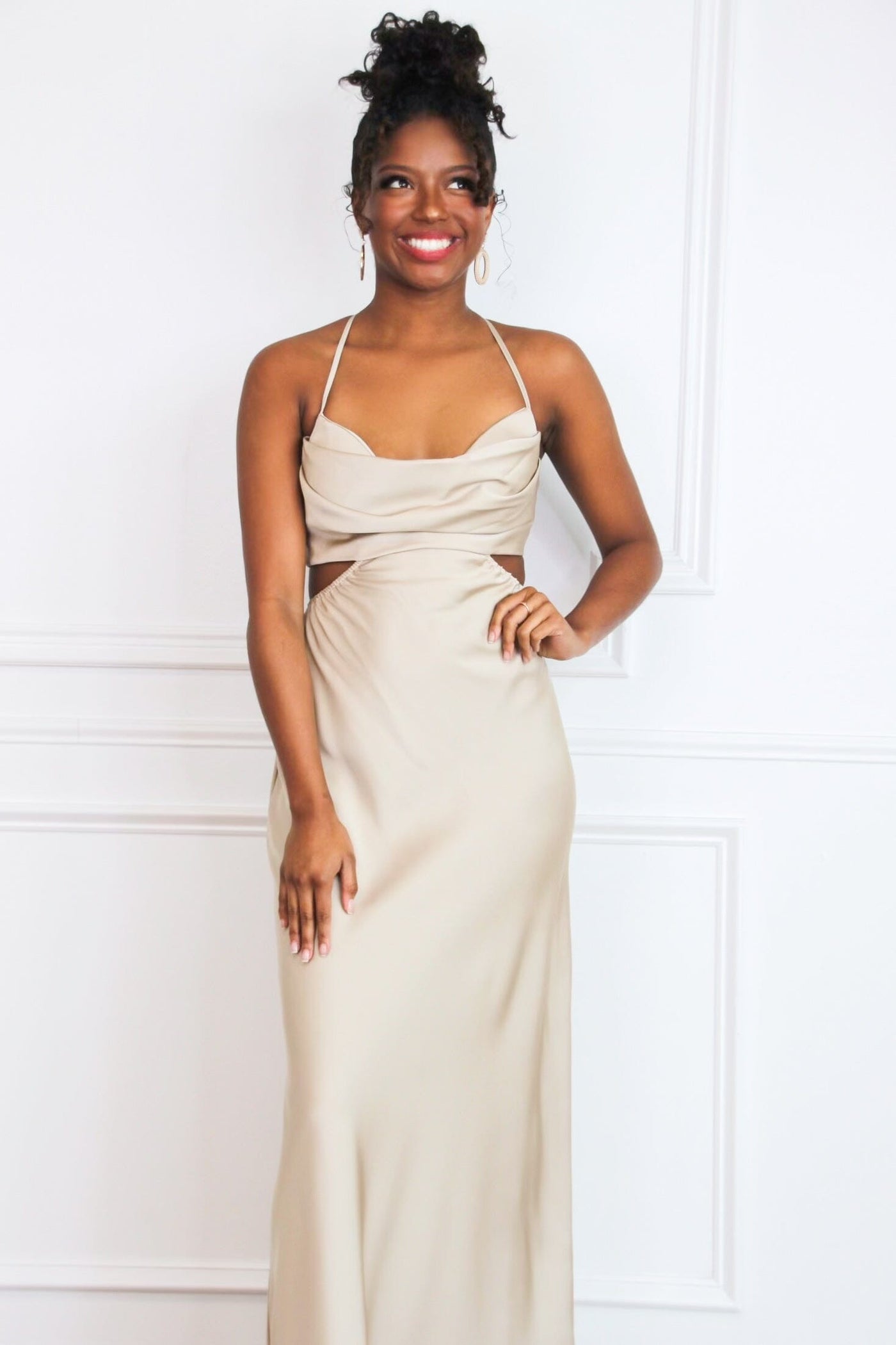 In My Moment Open Back Midi Dress: Champagne - Bella and Bloom Boutique