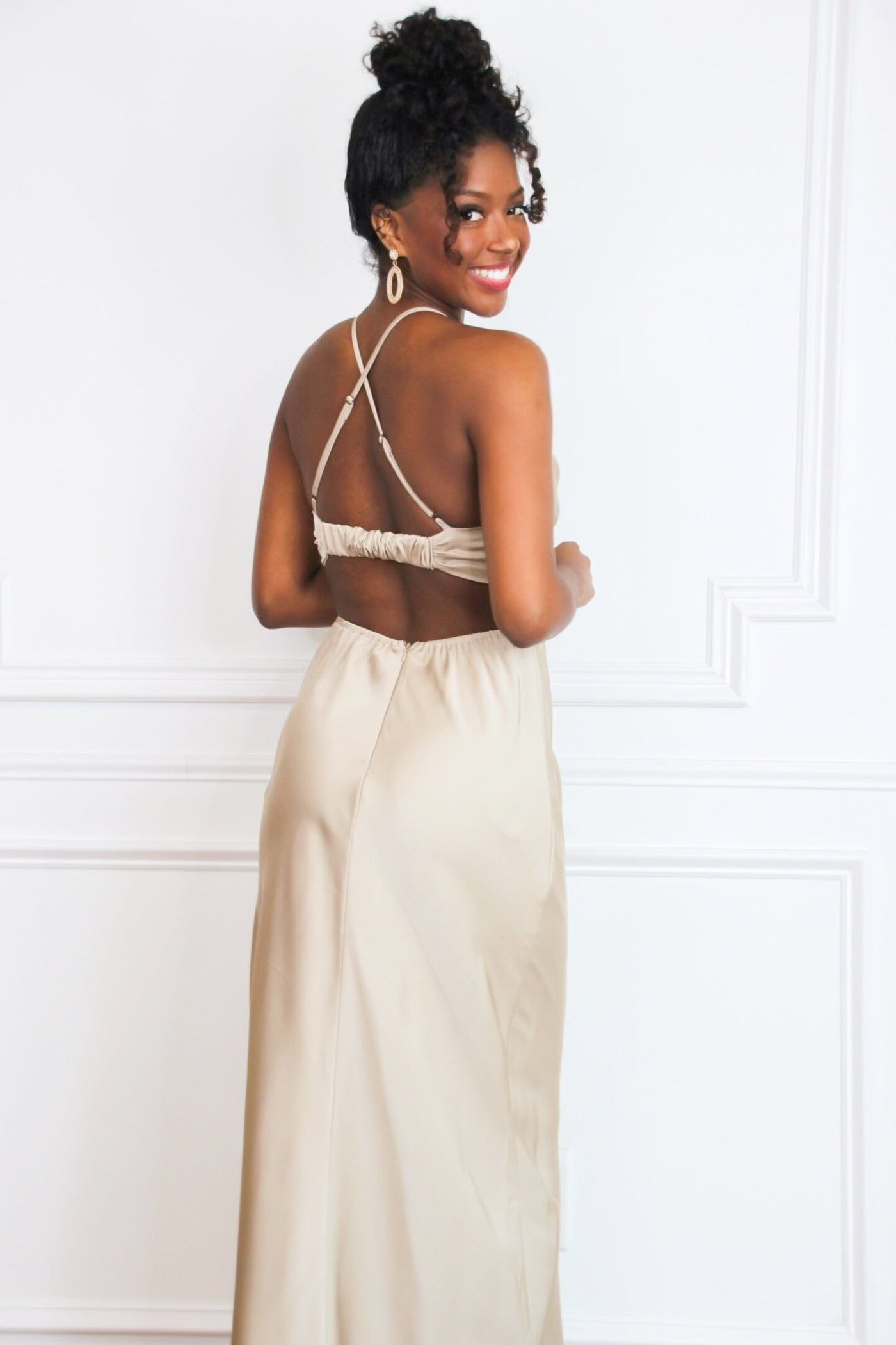 In My Moment Open Back Midi Dress: Champagne - Bella and Bloom Boutique