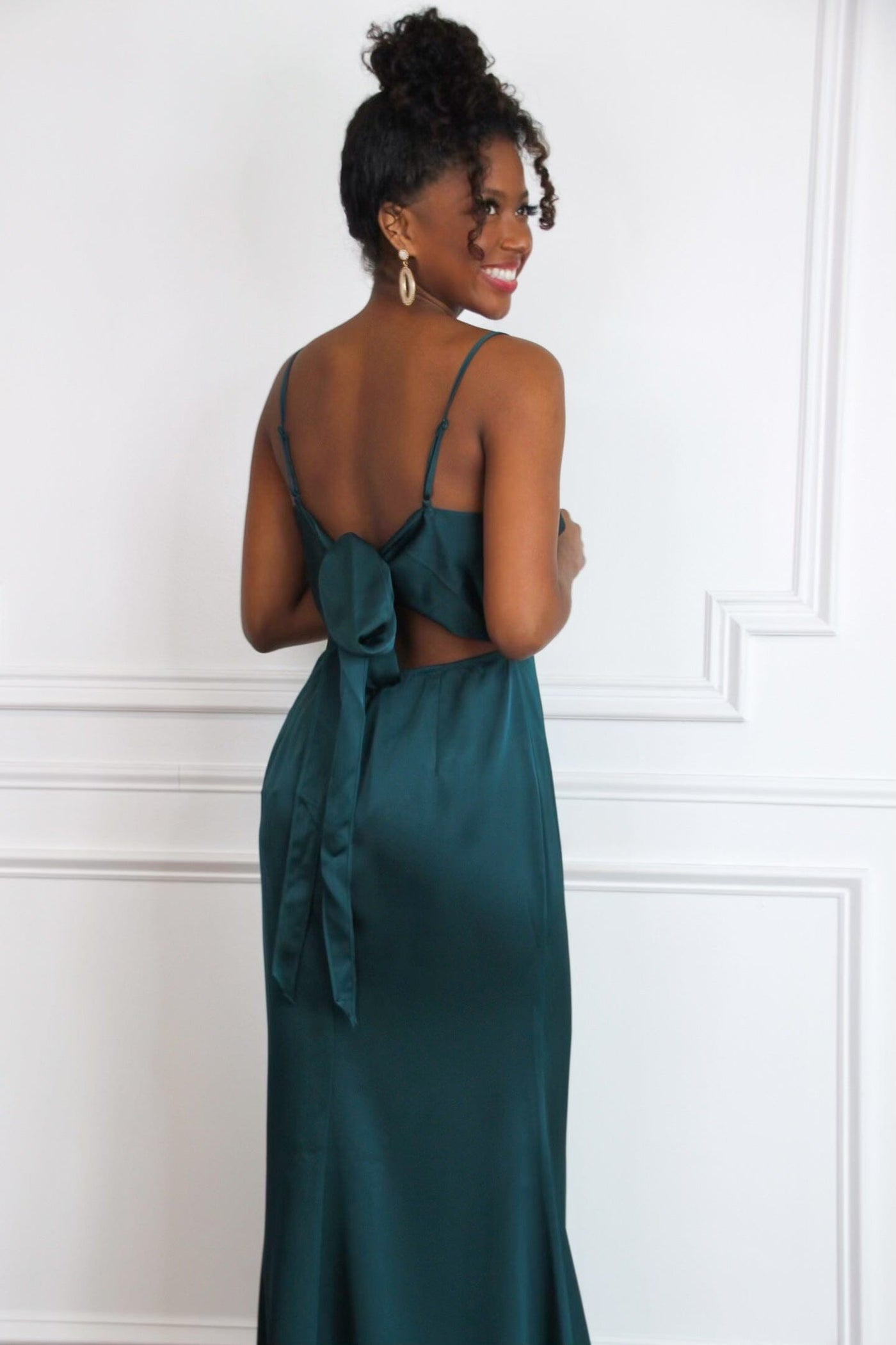 Alice Satin Bow Back Maxi Dress: Deep Emerald - Bella and Bloom Boutique