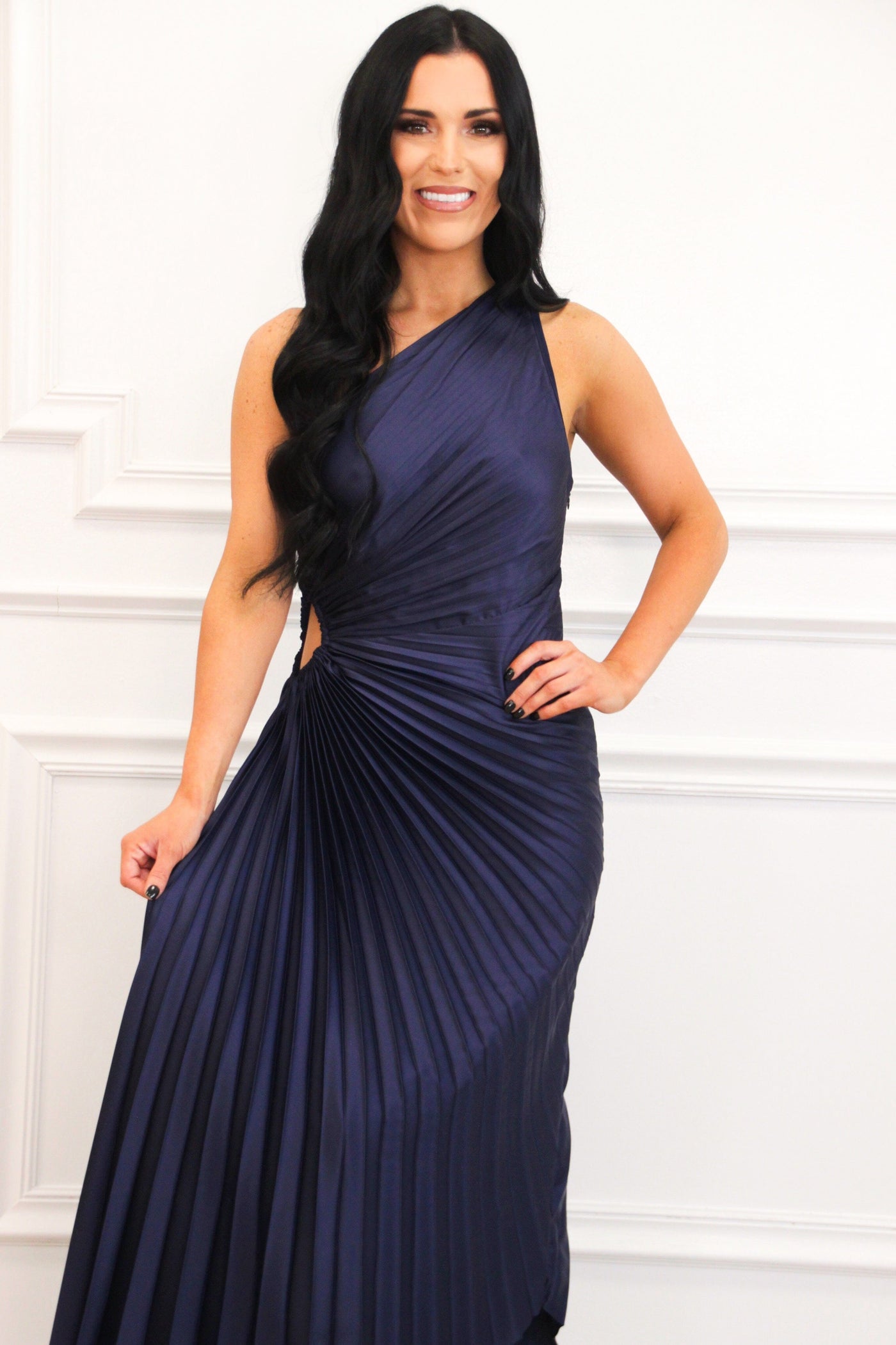 one shoulder cut out waist pleated asymmetrical hem dress one shoulder cut out waist pleated asymmetrical hem dress Modern Day Glam One Shoulder Asymmetrical Maxi Dress in Golden Ochre