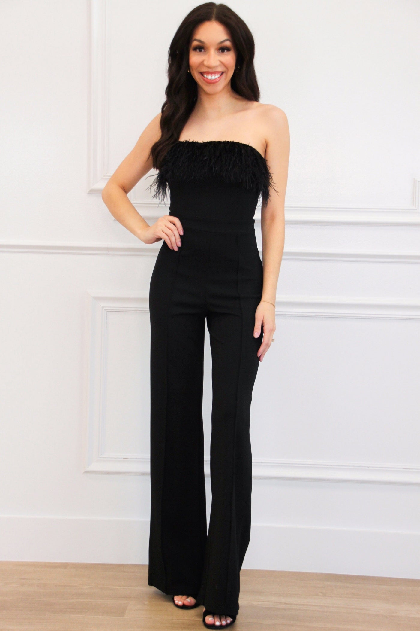 Memory Lane Feather Jumpsuit: Black - Bella and Bloom Boutique