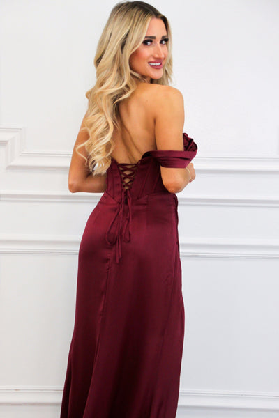 Winny One Shoulder Satin Bustier Slit Formal Dress: Burgundy - Bella and Bloom Boutique