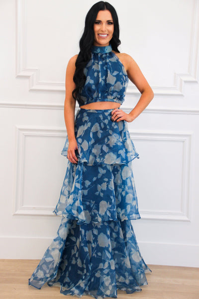 Cordelia High Neck Floral Ruffle Two Piece Maxi Set: Teal Navy - Bella and Bloom Boutique