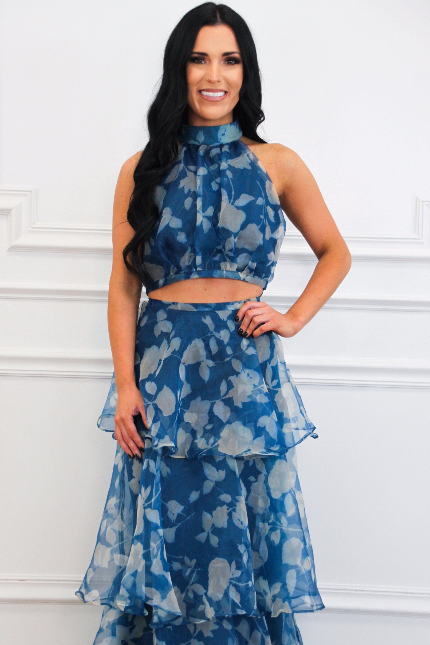 Cordelia High Neck Floral Ruffle Two Piece Maxi Set: Teal Navy - Bella and Bloom Boutique