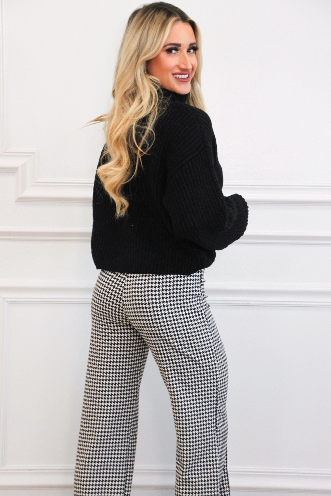 Kendlyn Houndstooth High Waisted Pants: Black/White Bottoms Bella and Bloom Boutique 