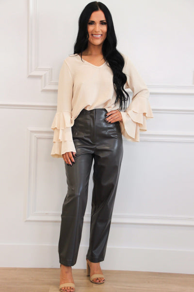 Brixley Faux Leather Pants: Charcoal Brown Bottoms Bella and Bloom Boutique 