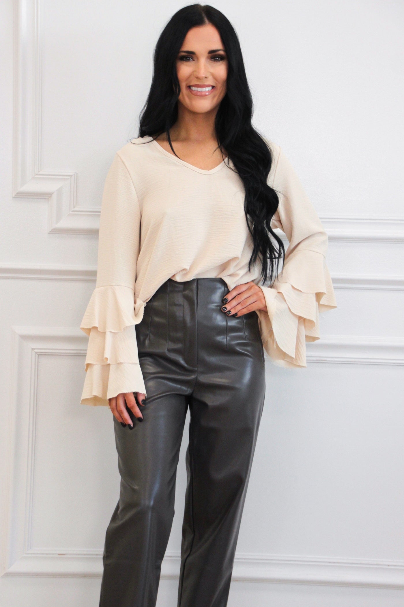 Alina Unfinished Hem Bell Sleeve Top: Cream Bottoms Bella and Bloom Boutique 