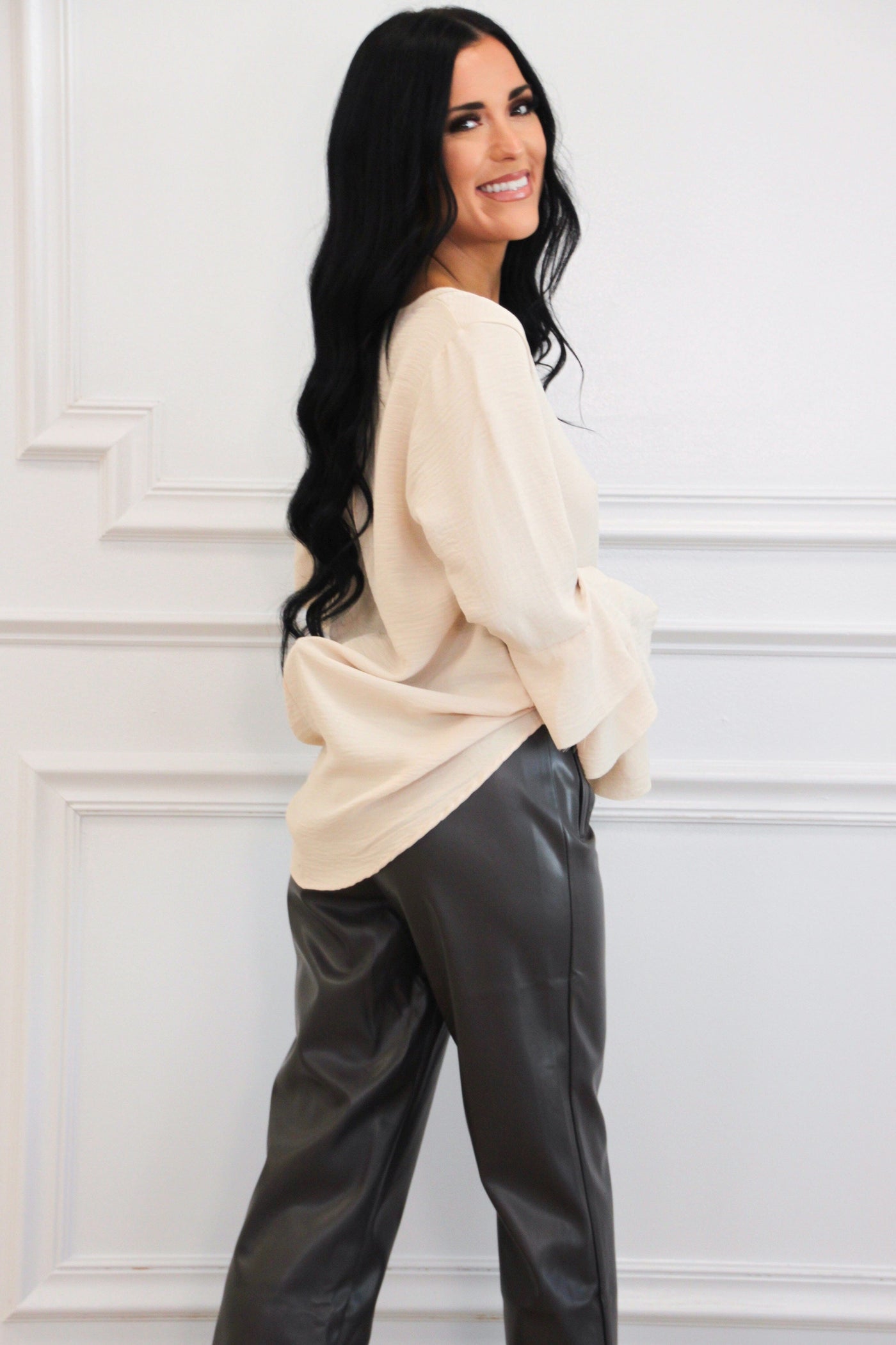 Brixley Faux Leather Pants: Charcoal Brown Bottoms Bella and Bloom Boutique 